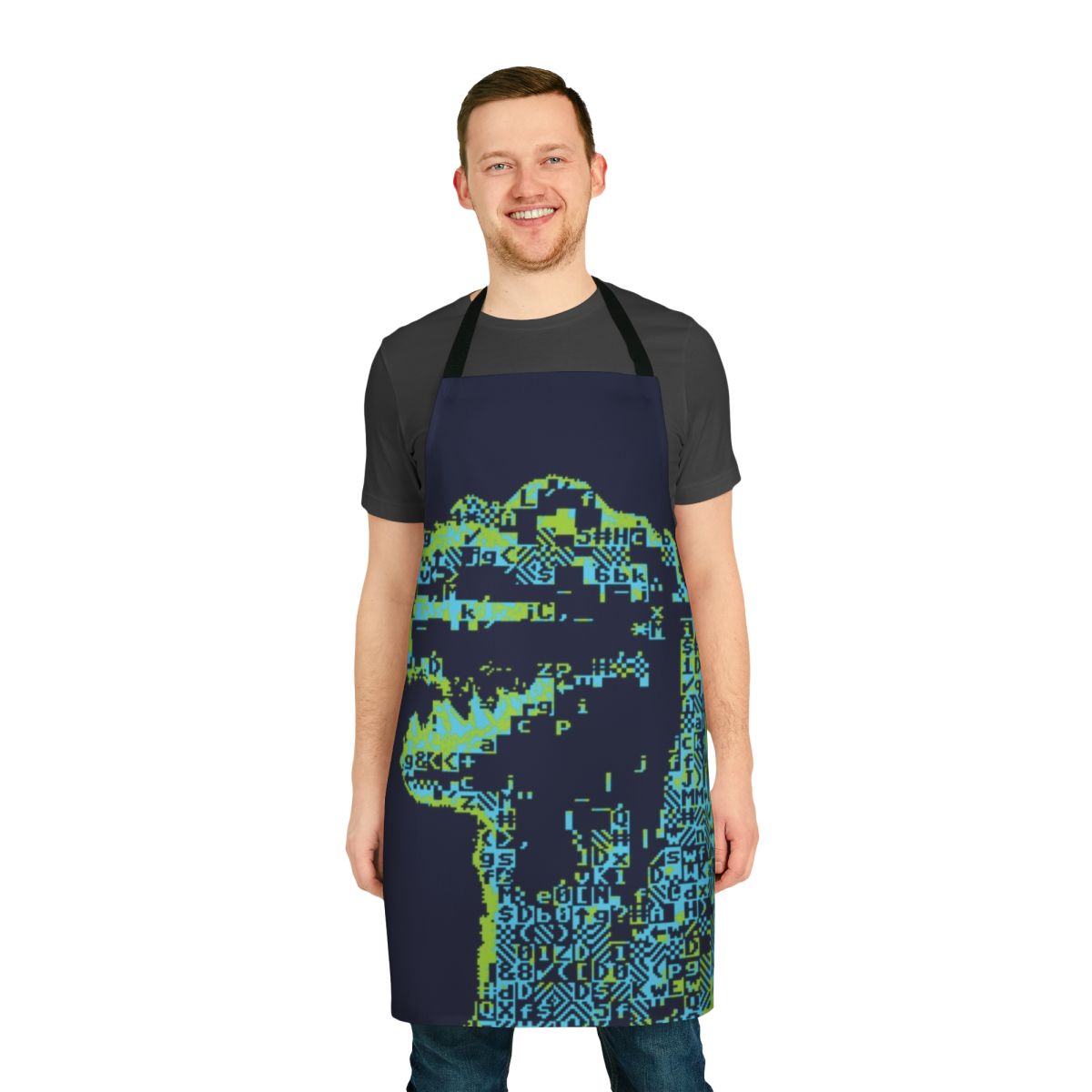 Retro-style ASCII art design of a giant lizard on a durable kitchen apron