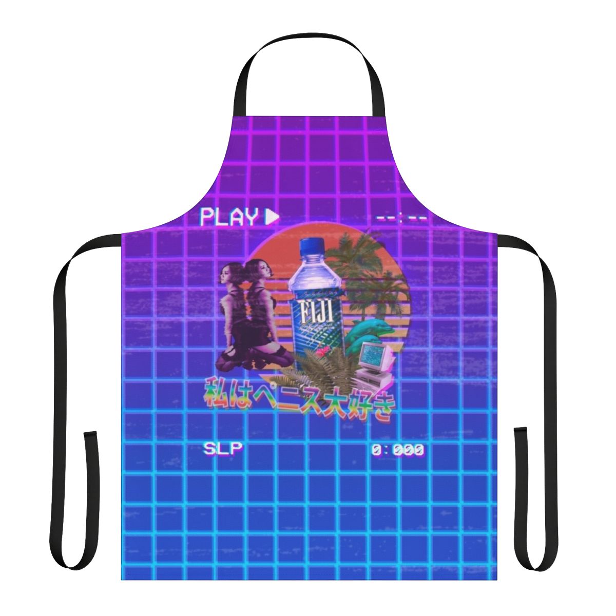 Vaporwave-inspired apron featuring neon palm trees, retro tech elements, and a vibrant aesthetic