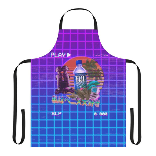 Vaporwave-inspired apron featuring neon palm trees, retro tech elements, and a vibrant aesthetic