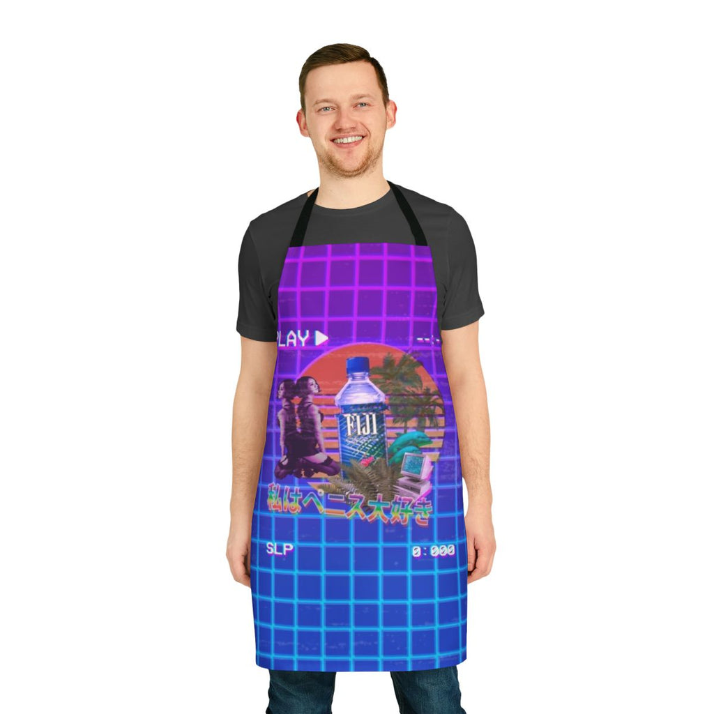 Vaporwave-inspired apron featuring neon palm trees, retro tech elements, and a vibrant aesthetic