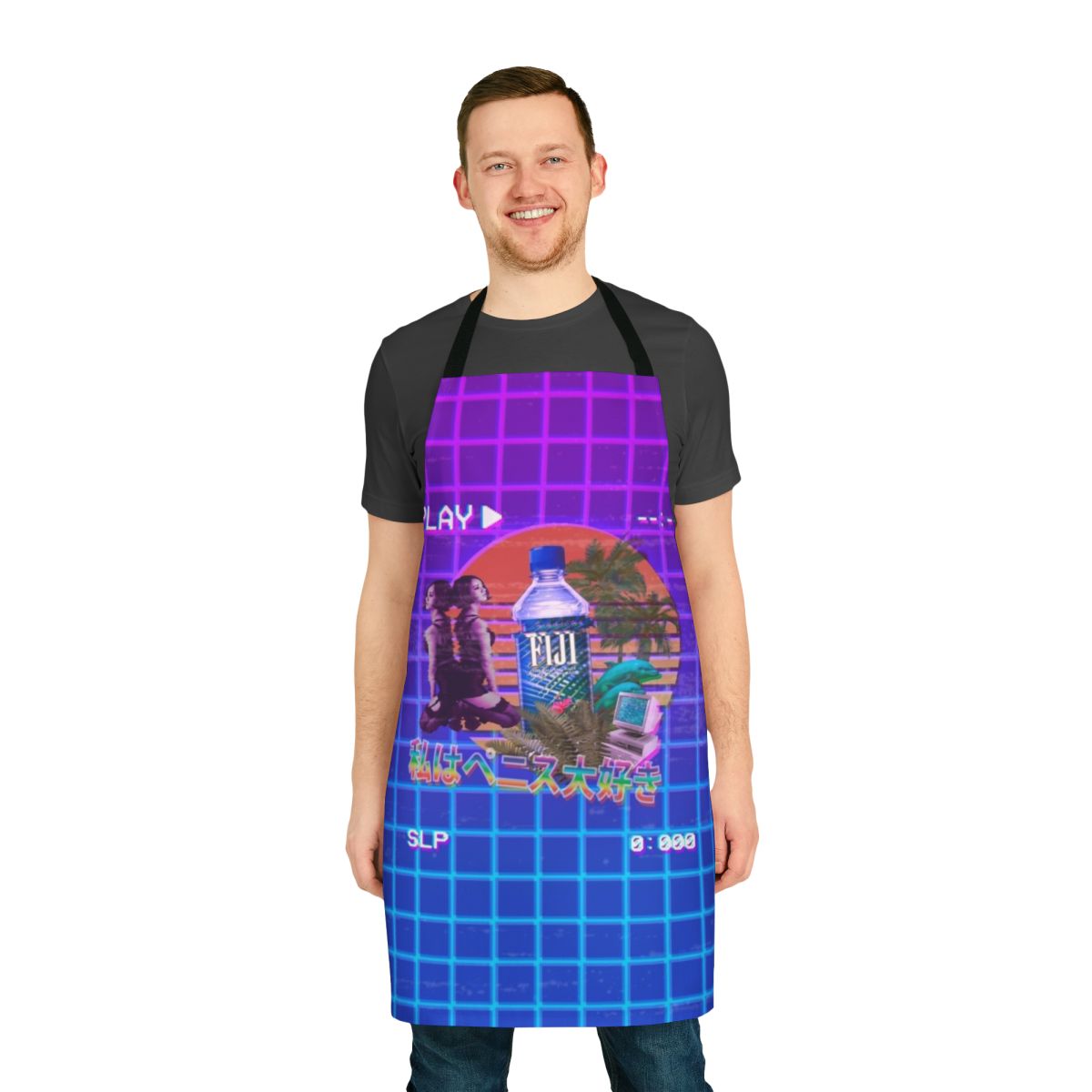 Vaporwave-inspired apron featuring neon palm trees, retro tech elements, and a vibrant aesthetic