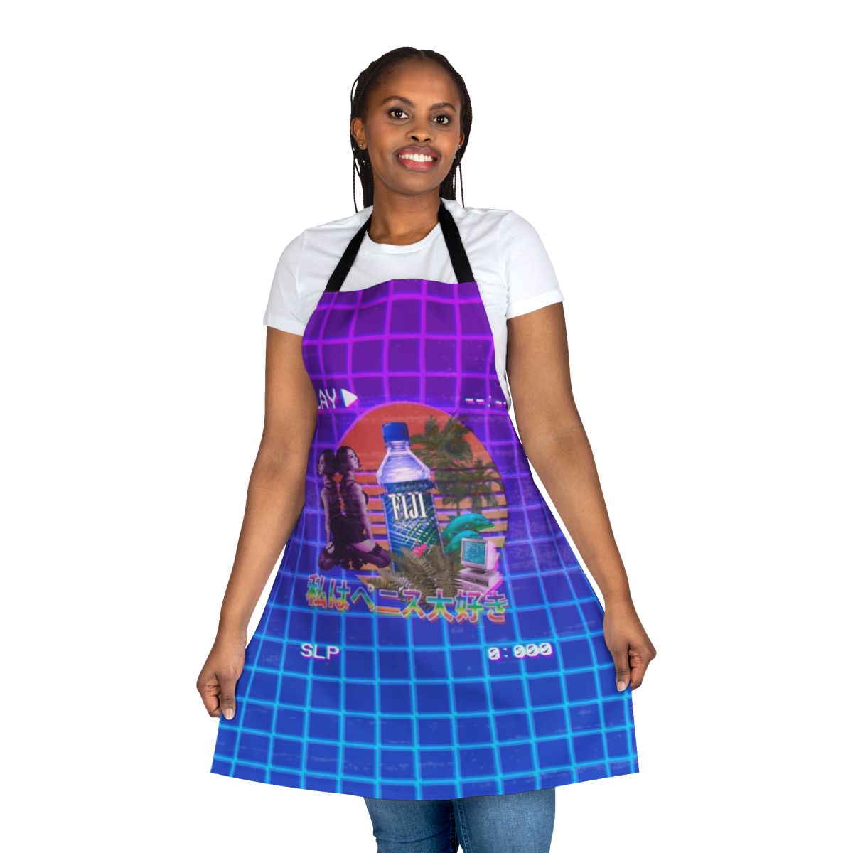 Vaporwave-inspired apron featuring neon palm trees, retro tech elements, and a vibrant aesthetic