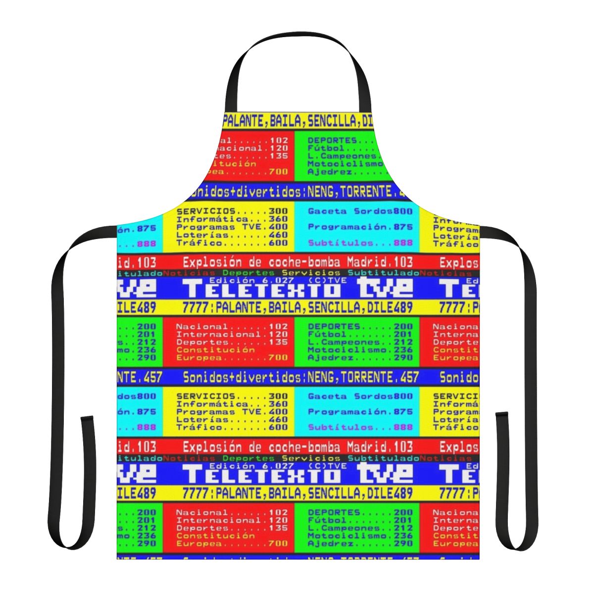 Teletexto-inspired apron featuring a retro television pixel art design
