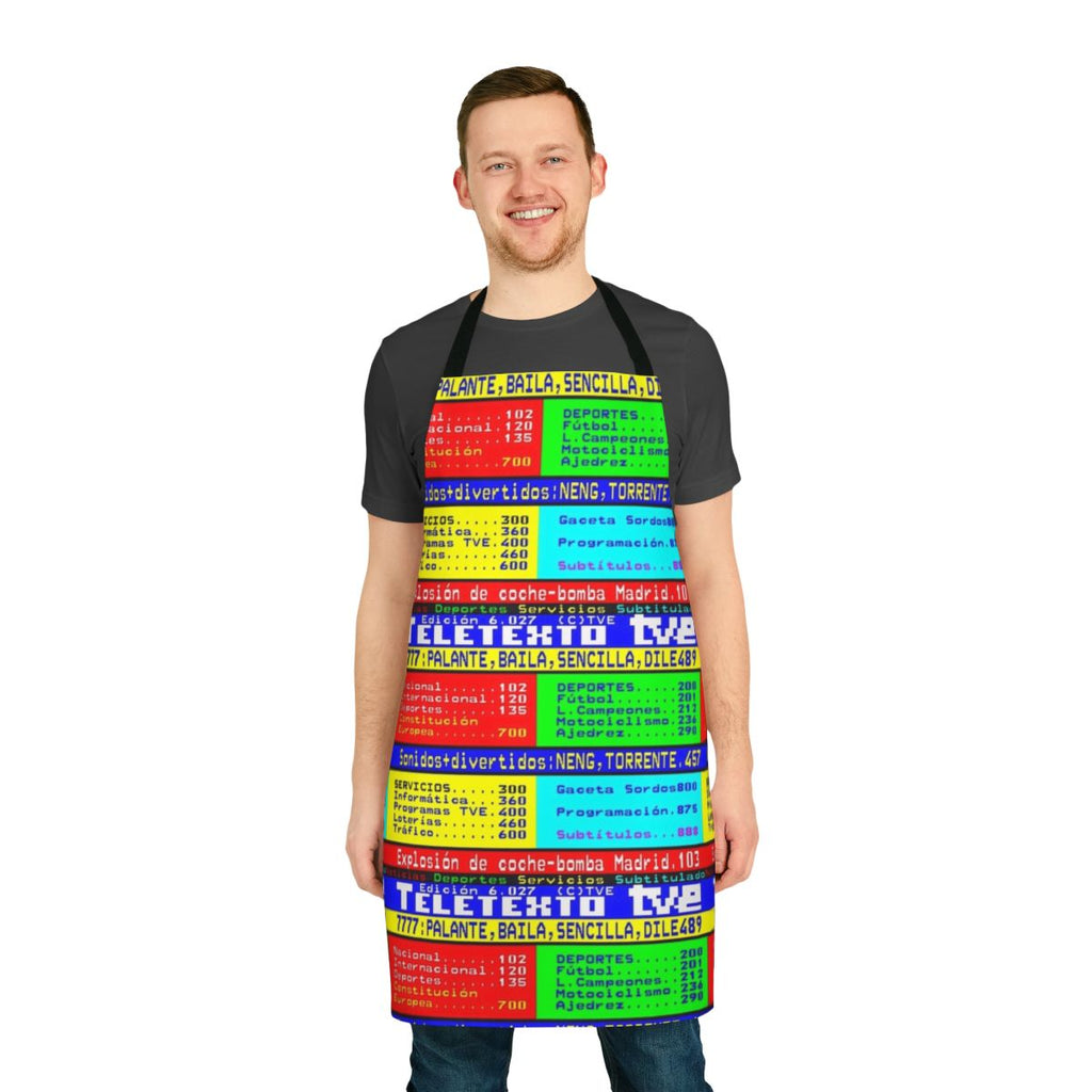 Teletexto-inspired apron featuring a retro television pixel art design