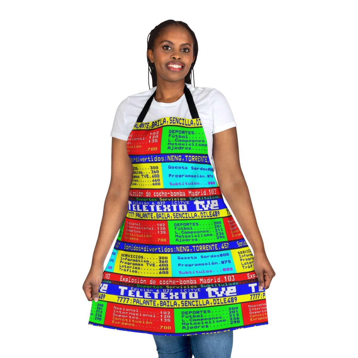 Teletexto-inspired apron featuring a retro television pixel art design