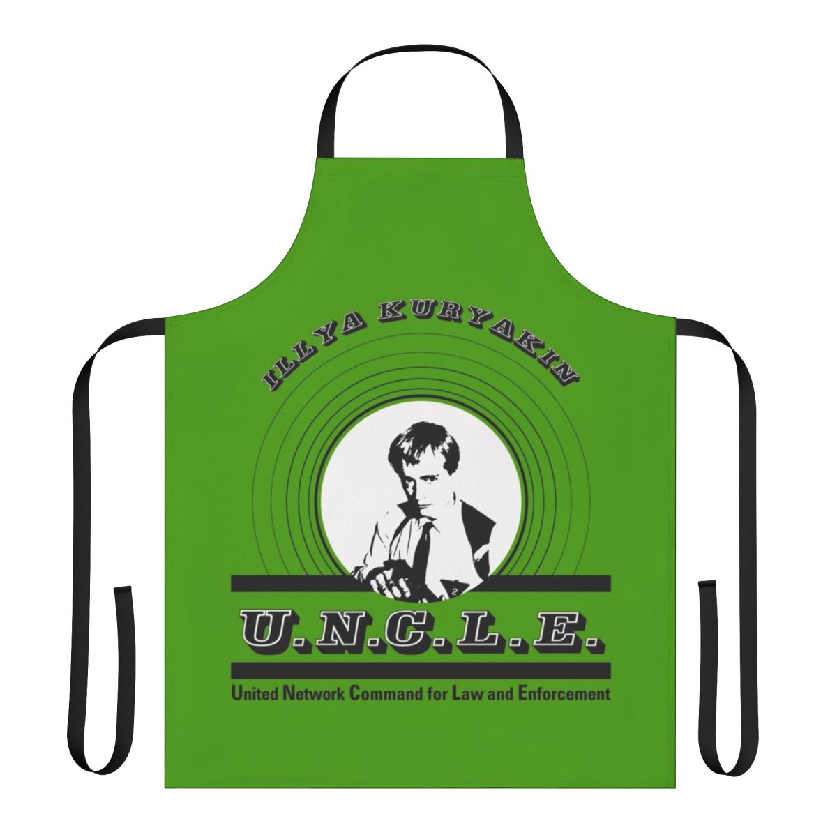 Retro-style apron featuring Illya Kuryakin, the iconic spy character from the classic TV series "The Man from U.N.C.L.E."