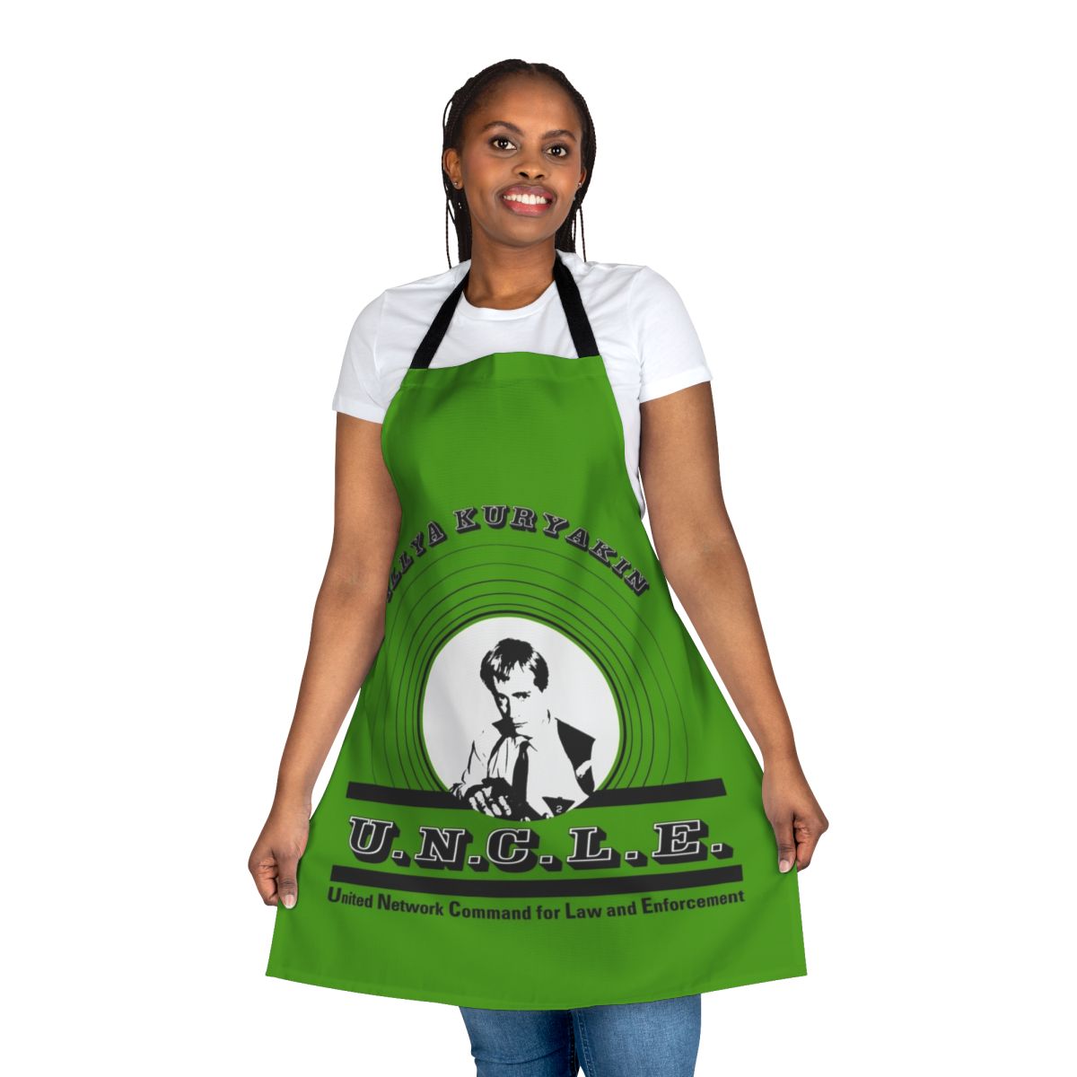 Retro-style apron featuring Illya Kuryakin, the iconic spy character from the classic TV series "The Man from U.N.C.L.E."