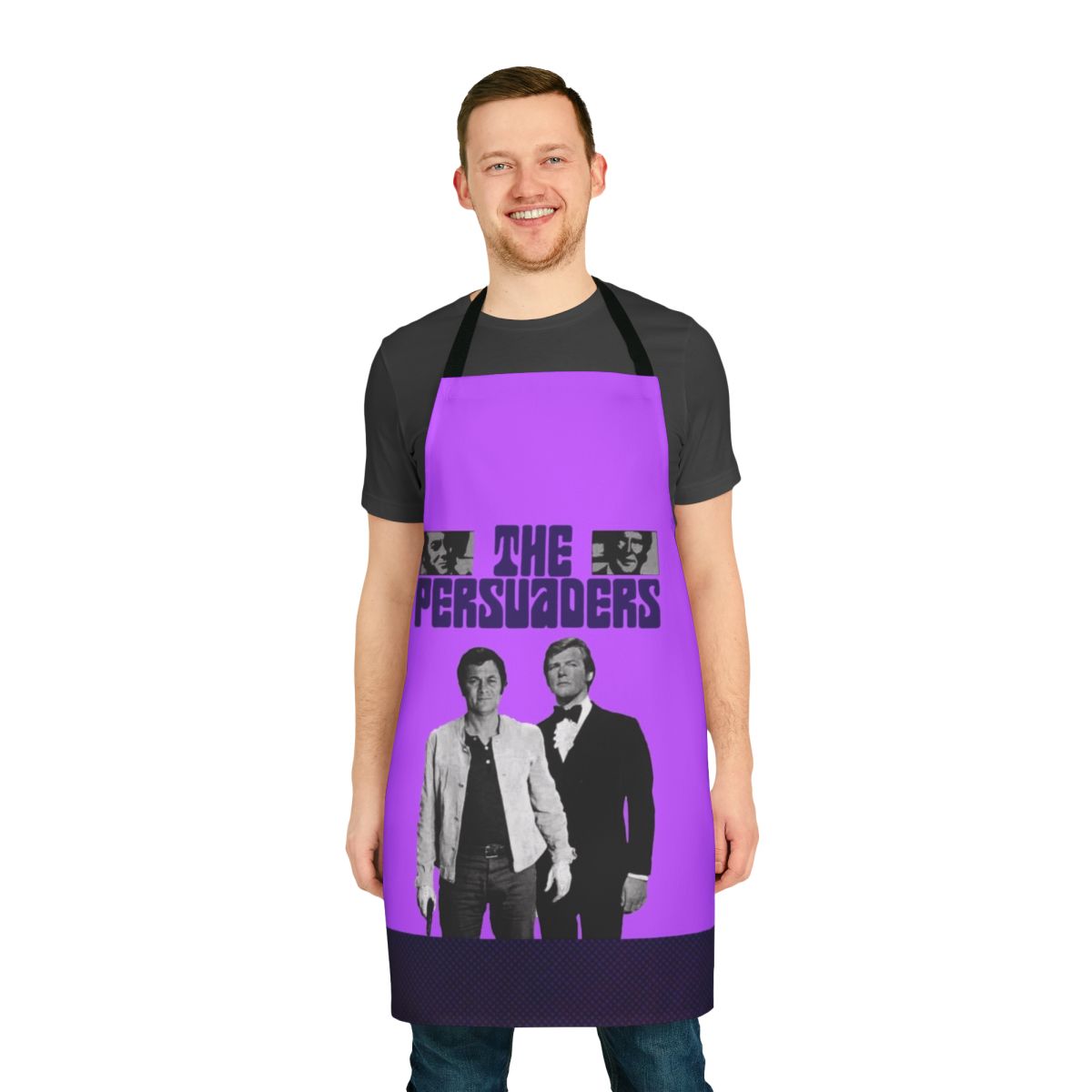 Vintage-style apron featuring imagery from the classic TV show "The Persuaders"