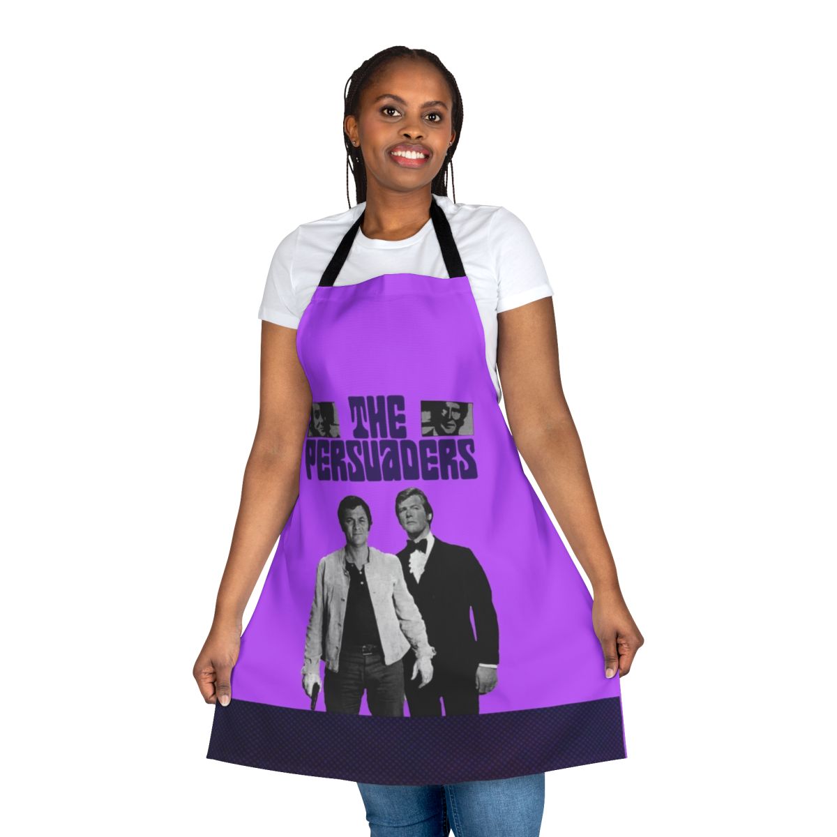 Vintage-style apron featuring imagery from the classic TV show "The Persuaders"