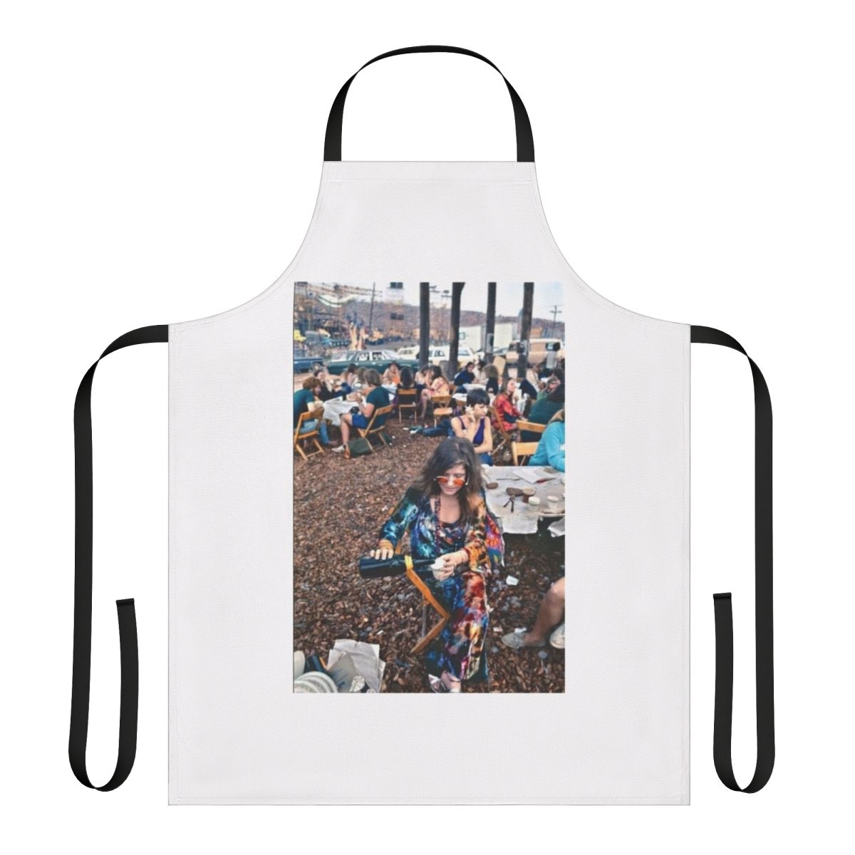 Vintage-style tie dye apron featuring an illustration of Janis Joplin, the iconic singer from the Woodstock festival in 1969.