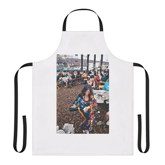 Vintage-style tie dye apron featuring an illustration of Janis Joplin, the iconic singer from the Woodstock festival in 1969.