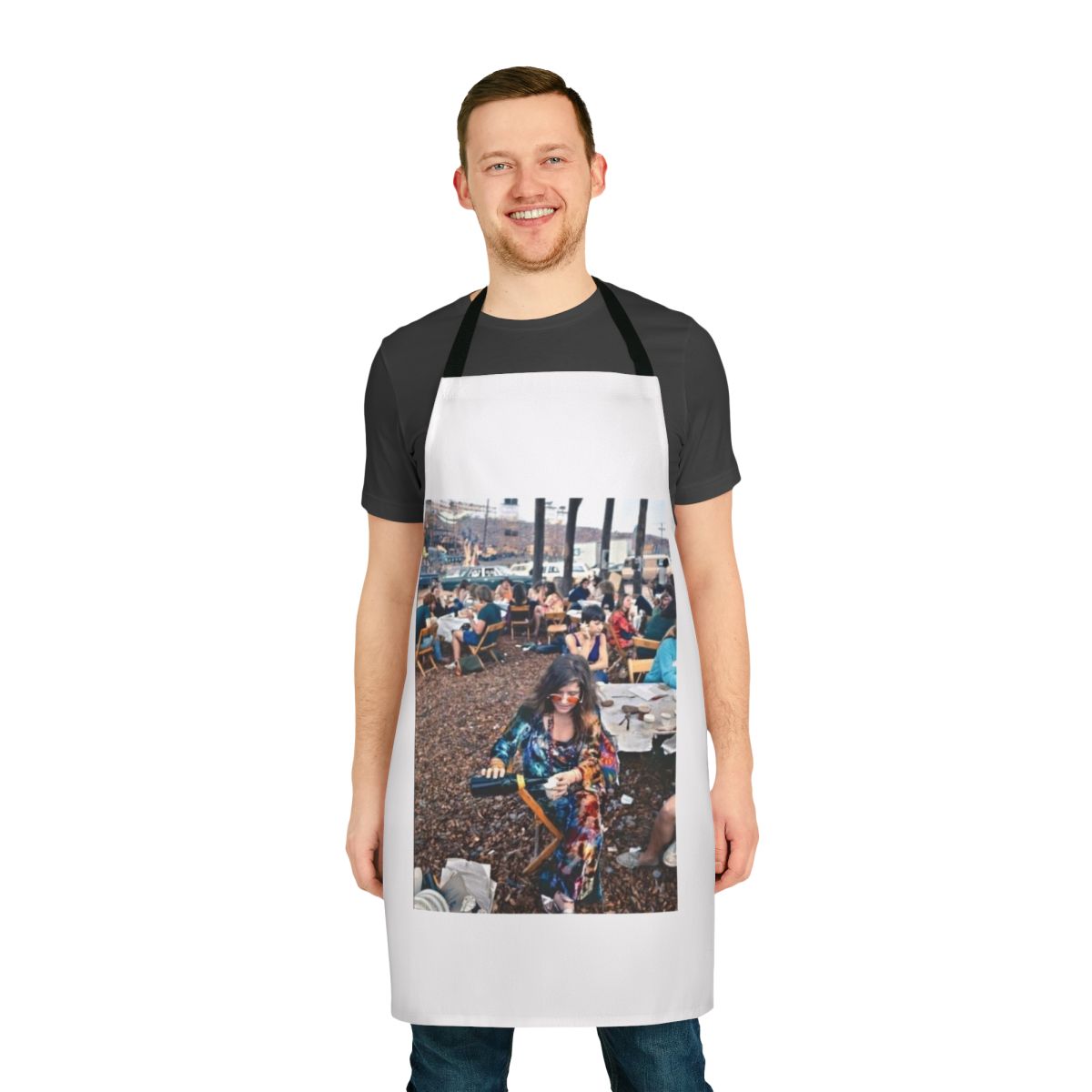 Vintage-style tie dye apron featuring an illustration of Janis Joplin, the iconic singer from the Woodstock festival in 1969.