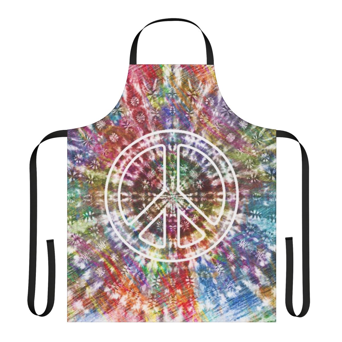 Retro tie dye apron featuring a vibrant peace sign and psychedelic pattern
