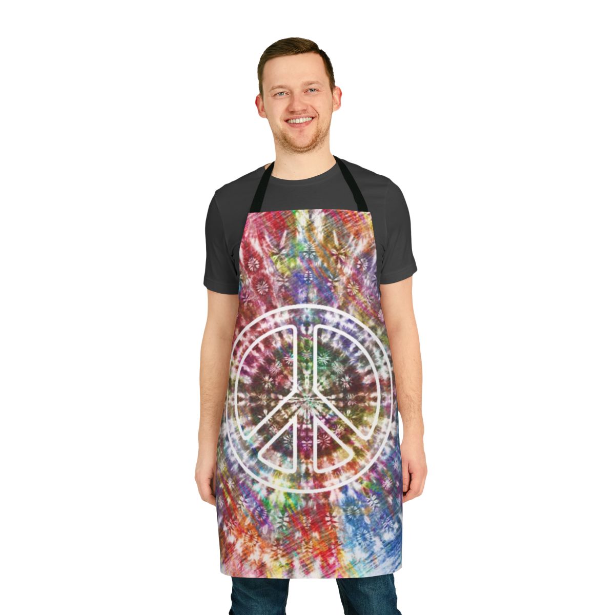 Retro tie dye apron featuring a vibrant peace sign and psychedelic pattern