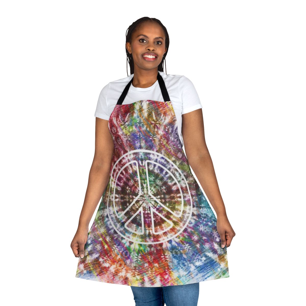 Retro tie dye apron featuring a vibrant peace sign and psychedelic pattern