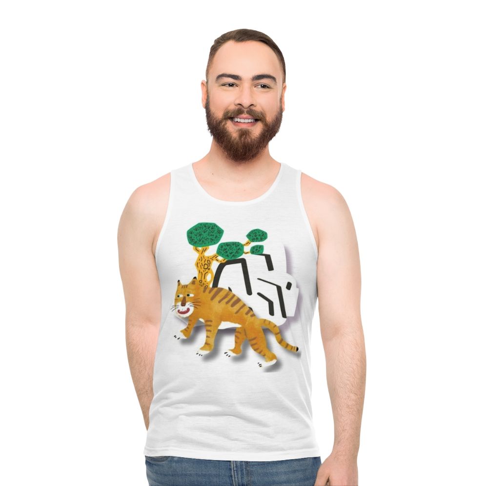 Retro tiger with comedic expression on unisex tank top