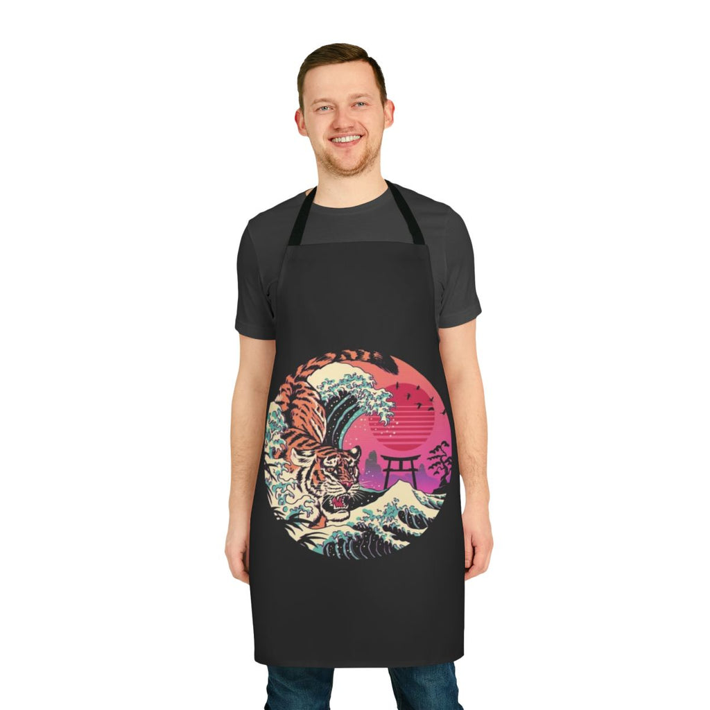Retro tiger wave apron with a colorful, Hokusai-inspired design