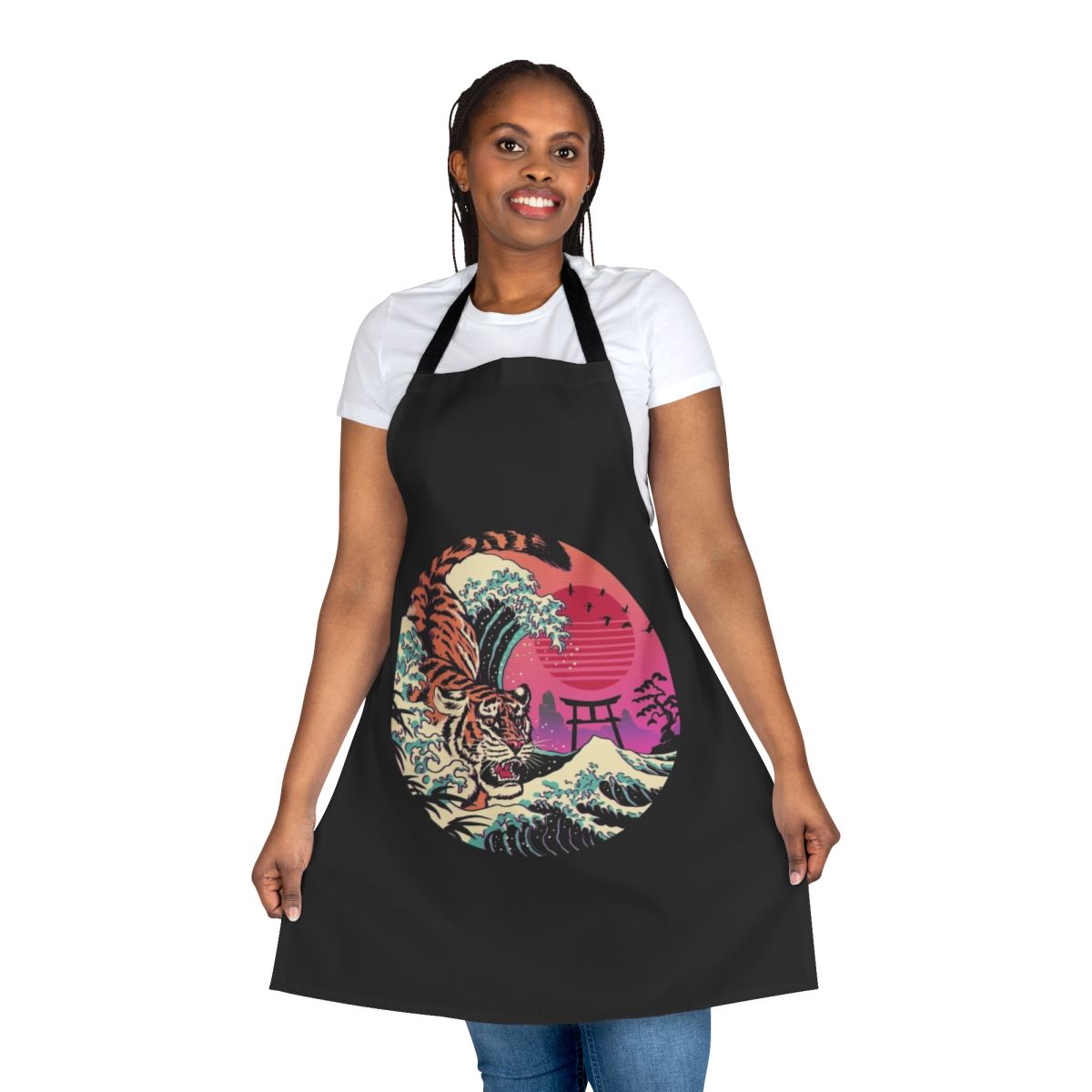 Retro tiger wave apron with a colorful, Hokusai-inspired design