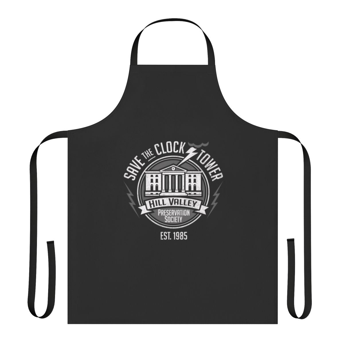 Retro-style apron with Back to the Future inspired design, featuring a Delorean, flux capacitor, and "Save the Clock Tower" logo.