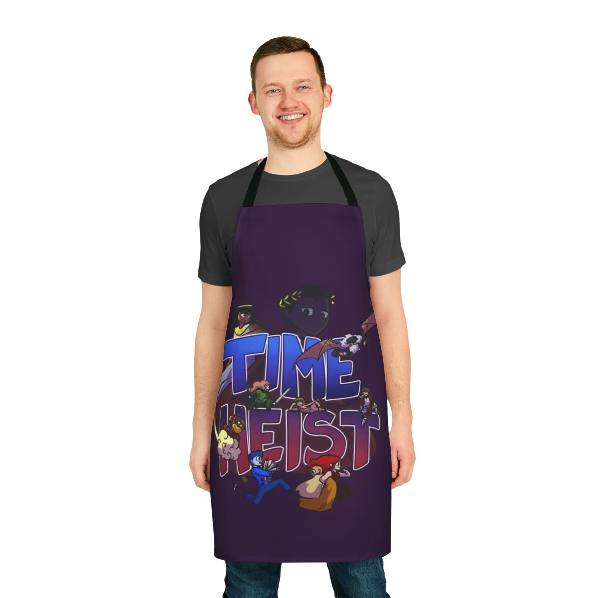 Retro time traveler apron featuring historical figures and fictional characters from Overly Sarcastic Productions