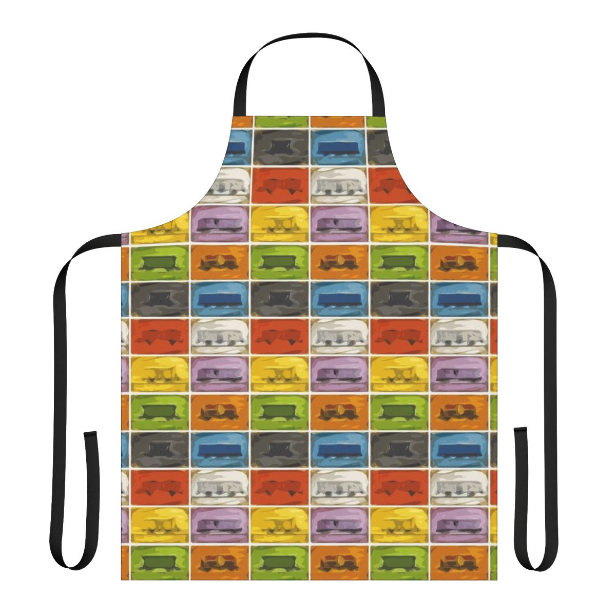 Apron featuring a retro train design and board game elements for fans of games like Ticket to Ride
