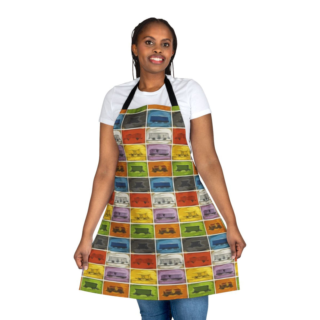 Apron featuring a retro train design and board game elements for fans of games like Ticket to Ride