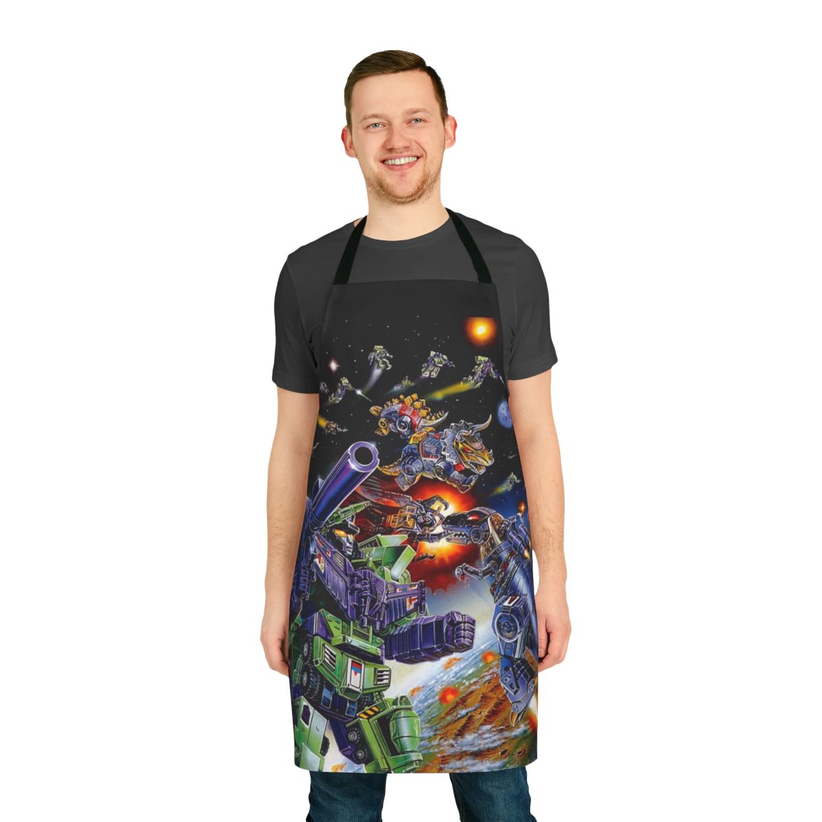 Retro-style Transformers G1 inspired apron with Autobots and Decepticons