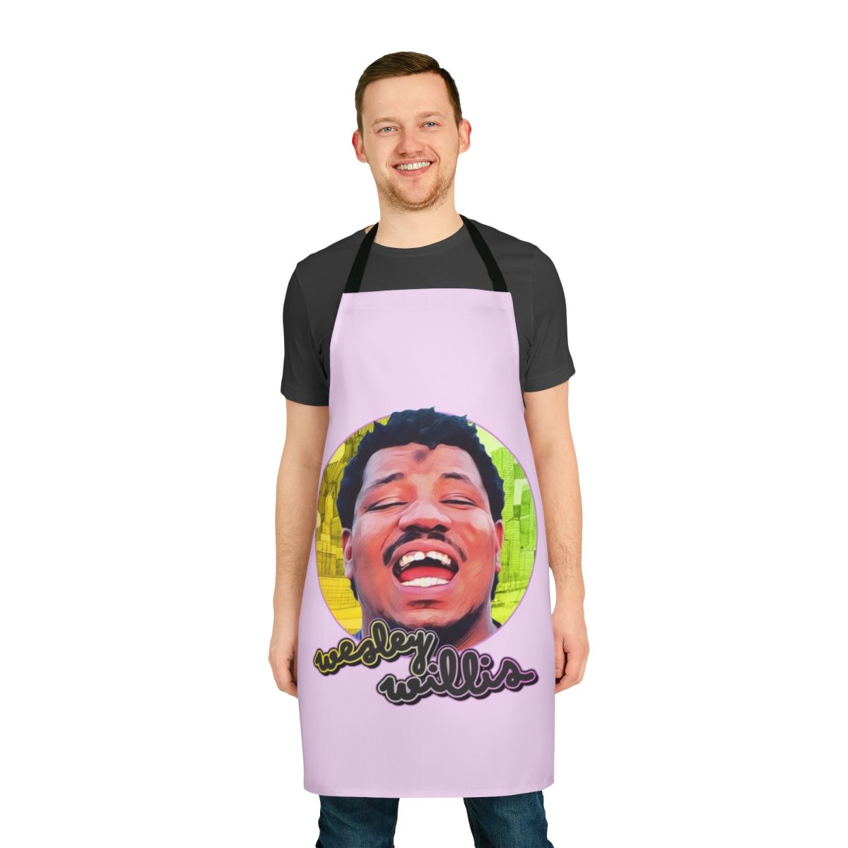 Retro apron featuring a visual tribute to the legendary Chicago artist and musician Wesley Willis
