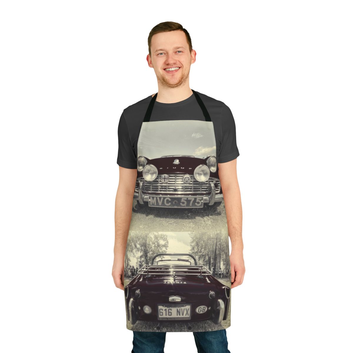 Vintage-style apron featuring the iconic Triumph TR3 sports car