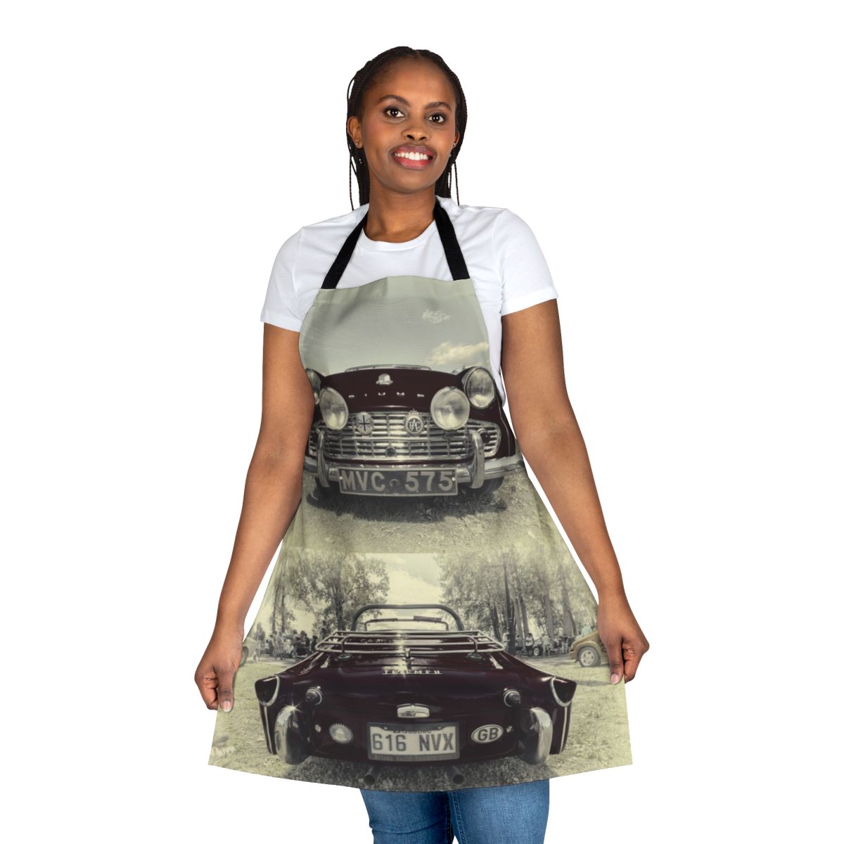 Vintage-style apron featuring the iconic Triumph TR3 sports car