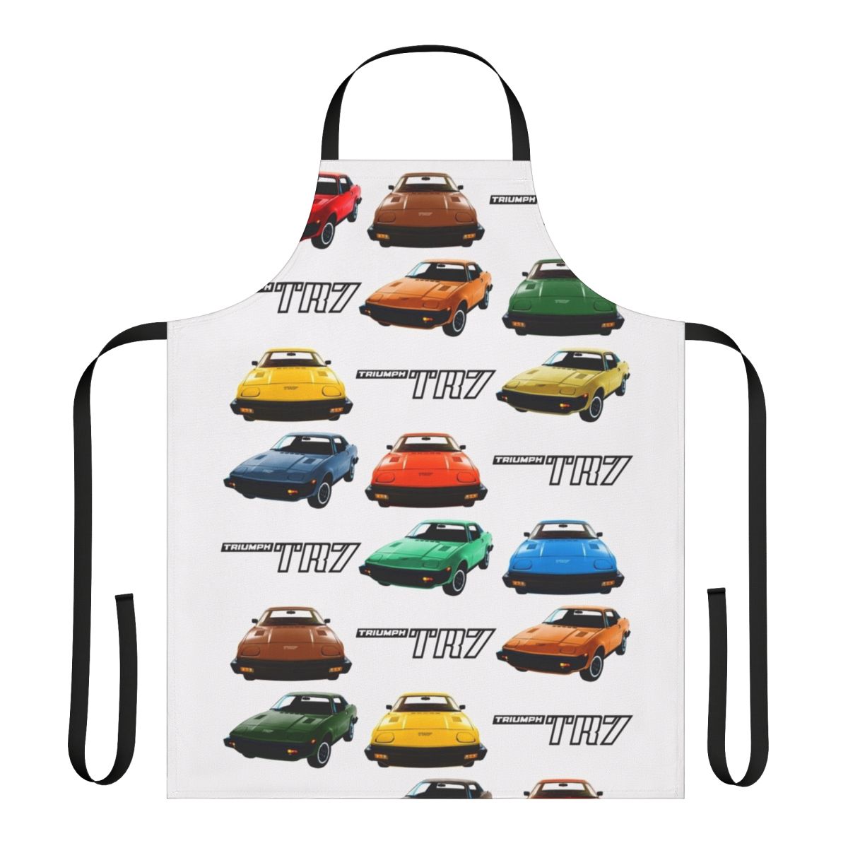 Retro Triumph TR7 inspired apron featuring a colorful 1970s car pattern design