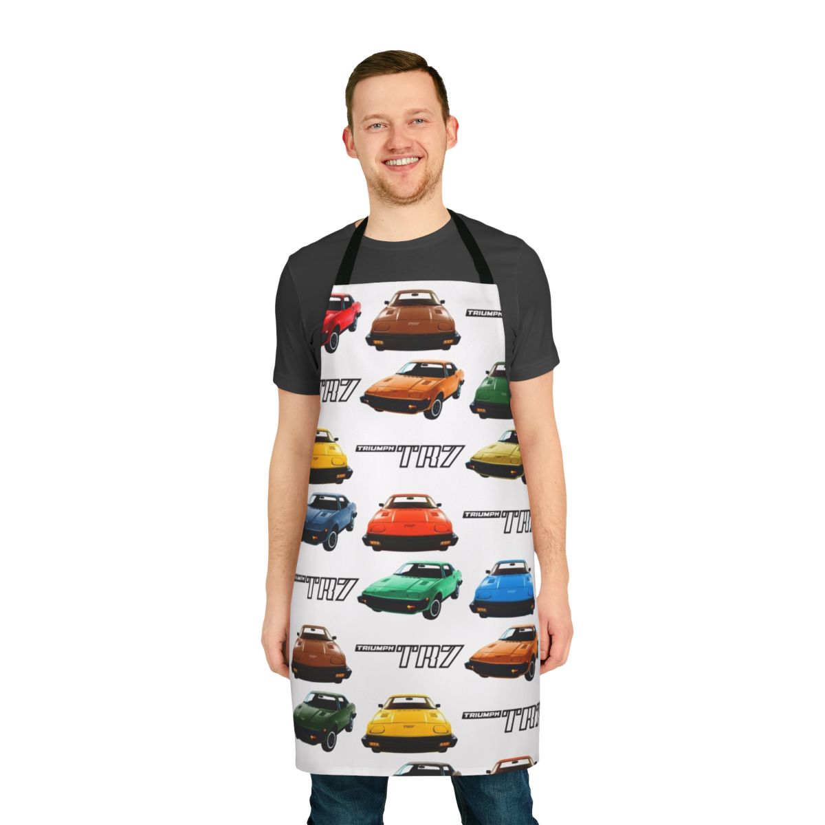 Retro Triumph TR7 inspired apron featuring a colorful 1970s car pattern design