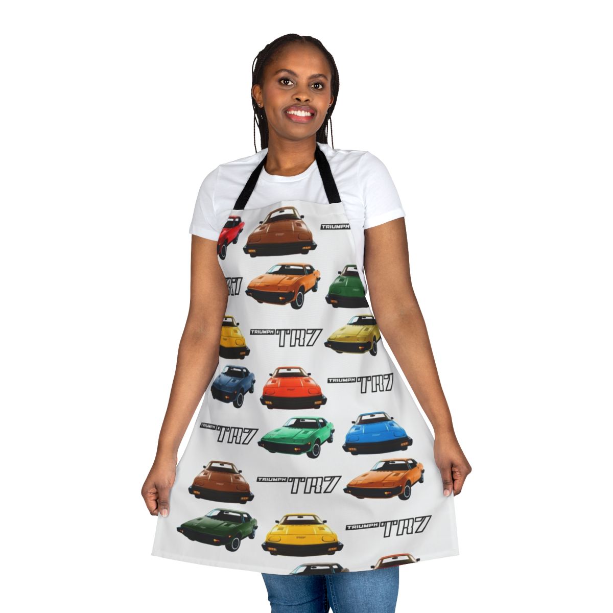 Retro Triumph TR7 inspired apron featuring a colorful 1970s car pattern design
