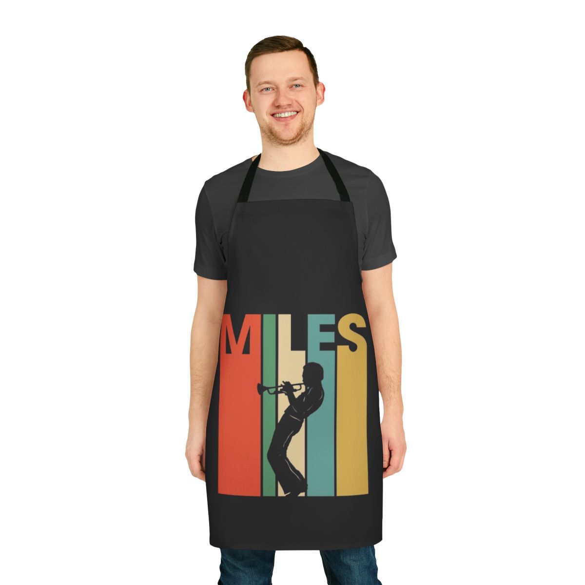 Retro Trumpet Jazz Musician Apron featuring a Miles Davis inspired blue and vintage design
