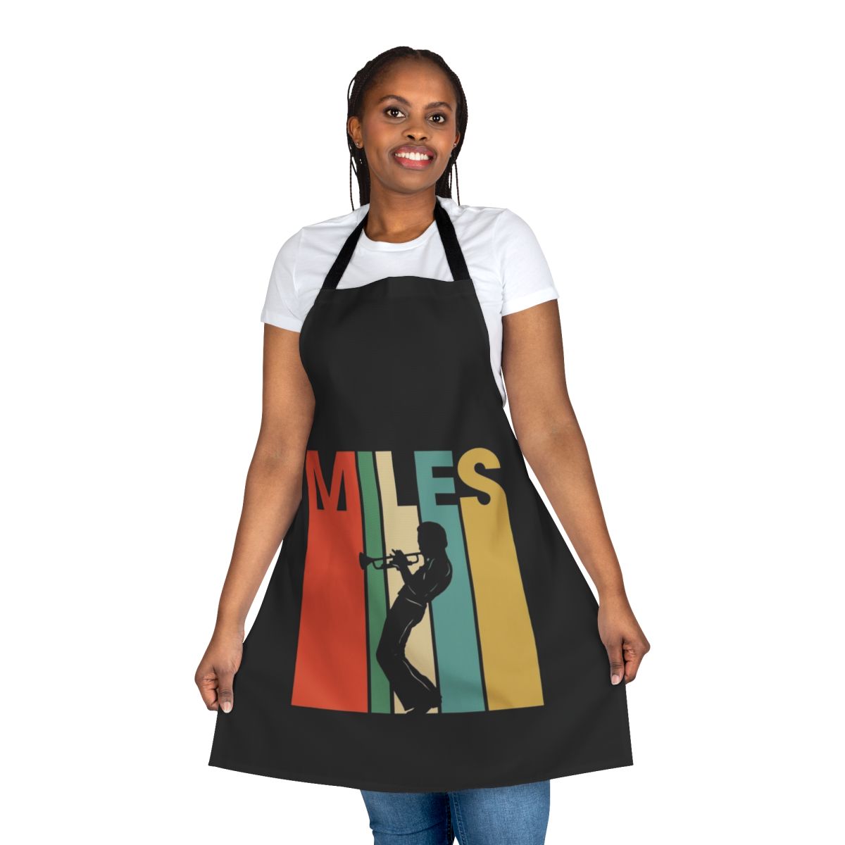 Retro Trumpet Jazz Musician Apron featuring a Miles Davis inspired blue and vintage design
