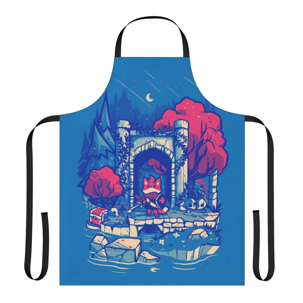 Retro tunic-inspired gamer apron with an adventure RPG action fox design