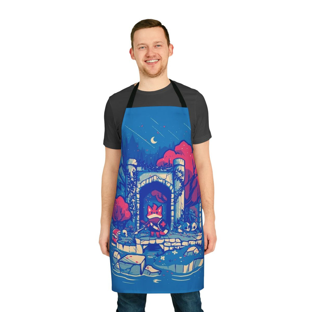 Retro tunic-inspired gamer apron with an adventure RPG action fox design