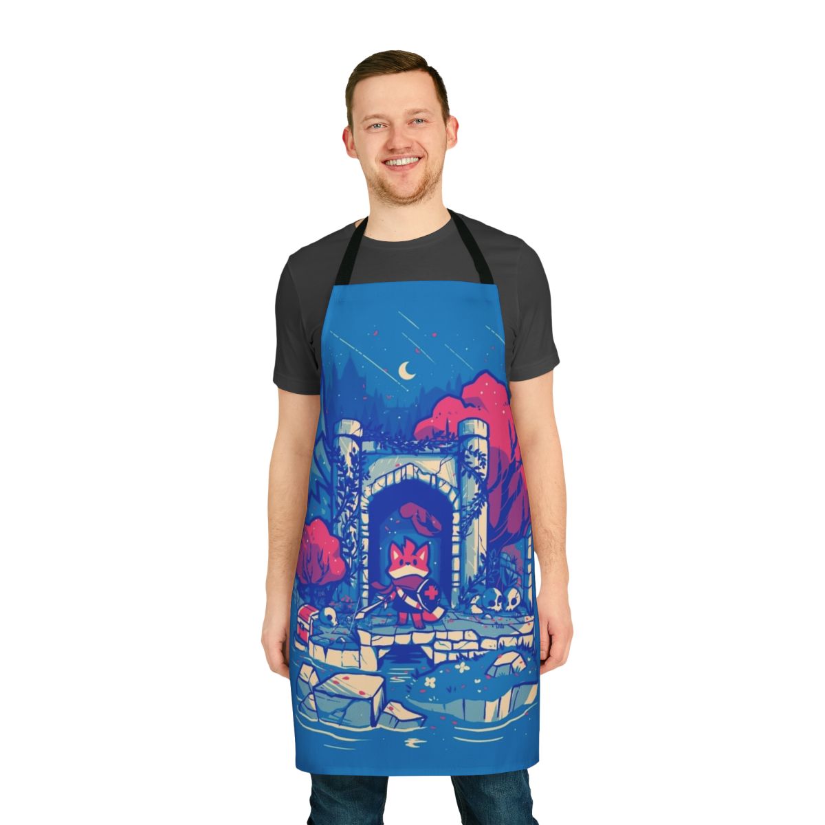 Retro tunic-inspired gamer apron with an adventure RPG action fox design