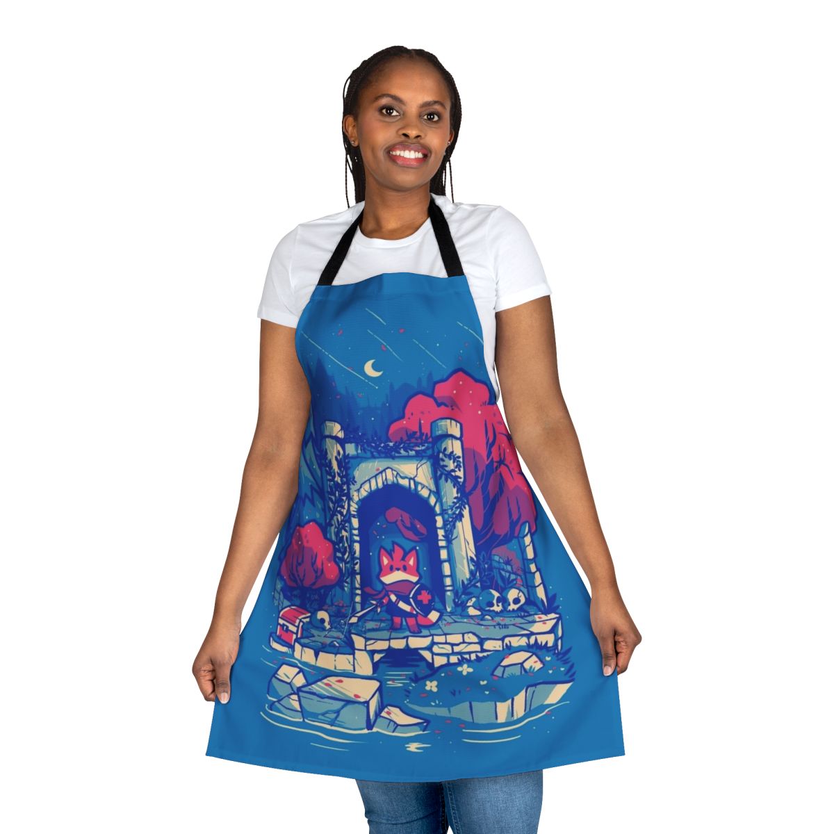 Retro tunic-inspired gamer apron with an adventure RPG action fox design