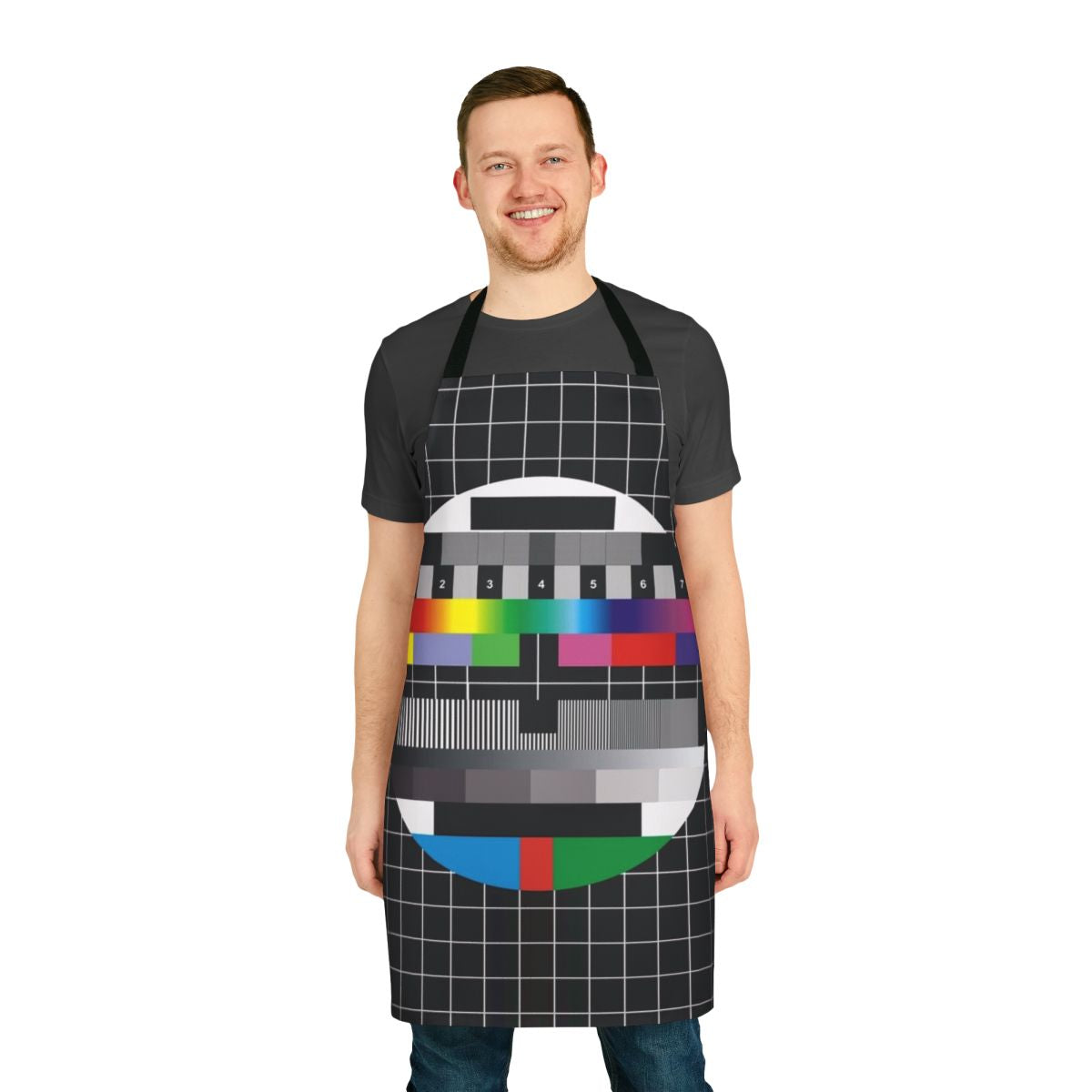 Apron with a retro television screen displaying "No Signal"