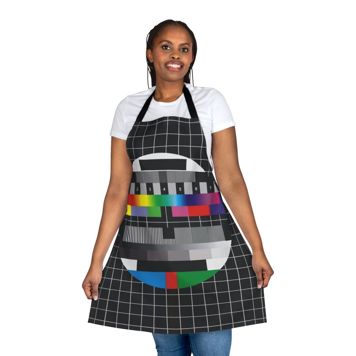 Apron with a retro television screen displaying "No Signal"