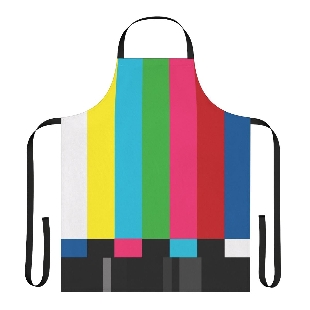 Vintage SMPTE color bars pattern on a kitchen apron