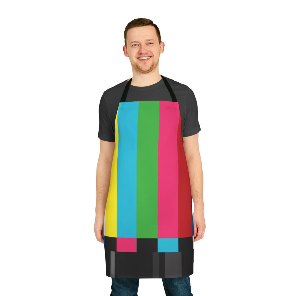 Vintage SMPTE color bars pattern on a kitchen apron