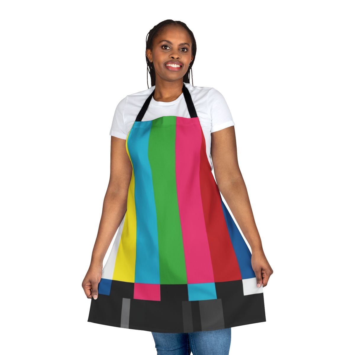 Vintage SMPTE color bars pattern on a kitchen apron