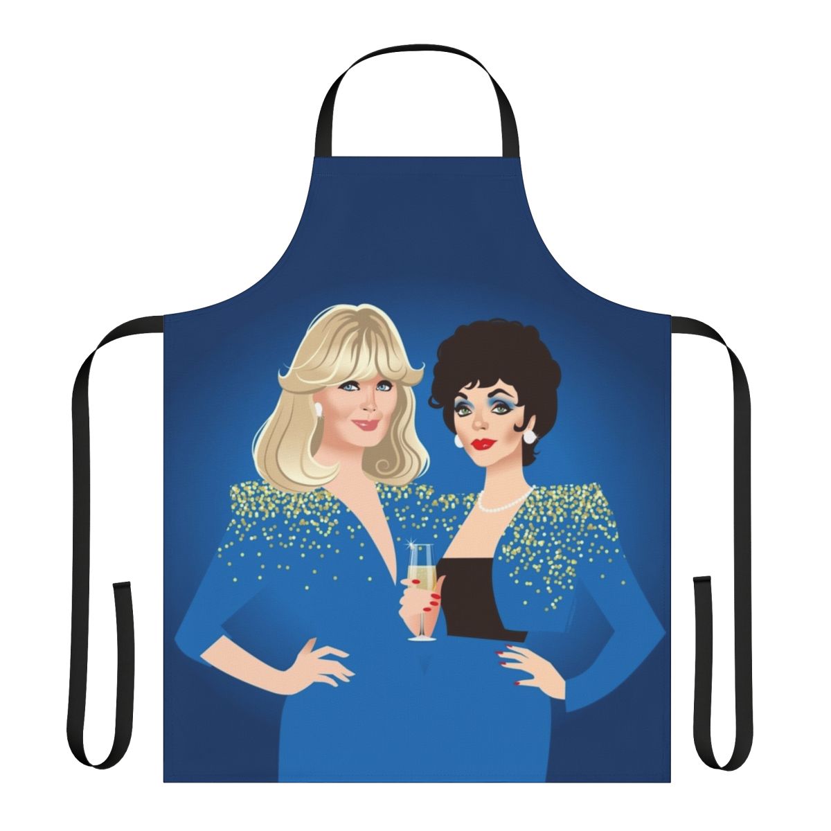 Retro TV inspired apron with illustrations of characters from the classic TV series Dynasty