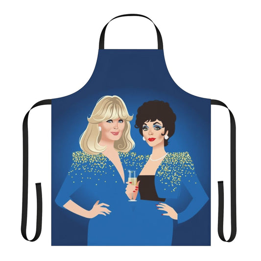 Retro TV inspired apron with illustrations of characters from the classic TV series Dynasty