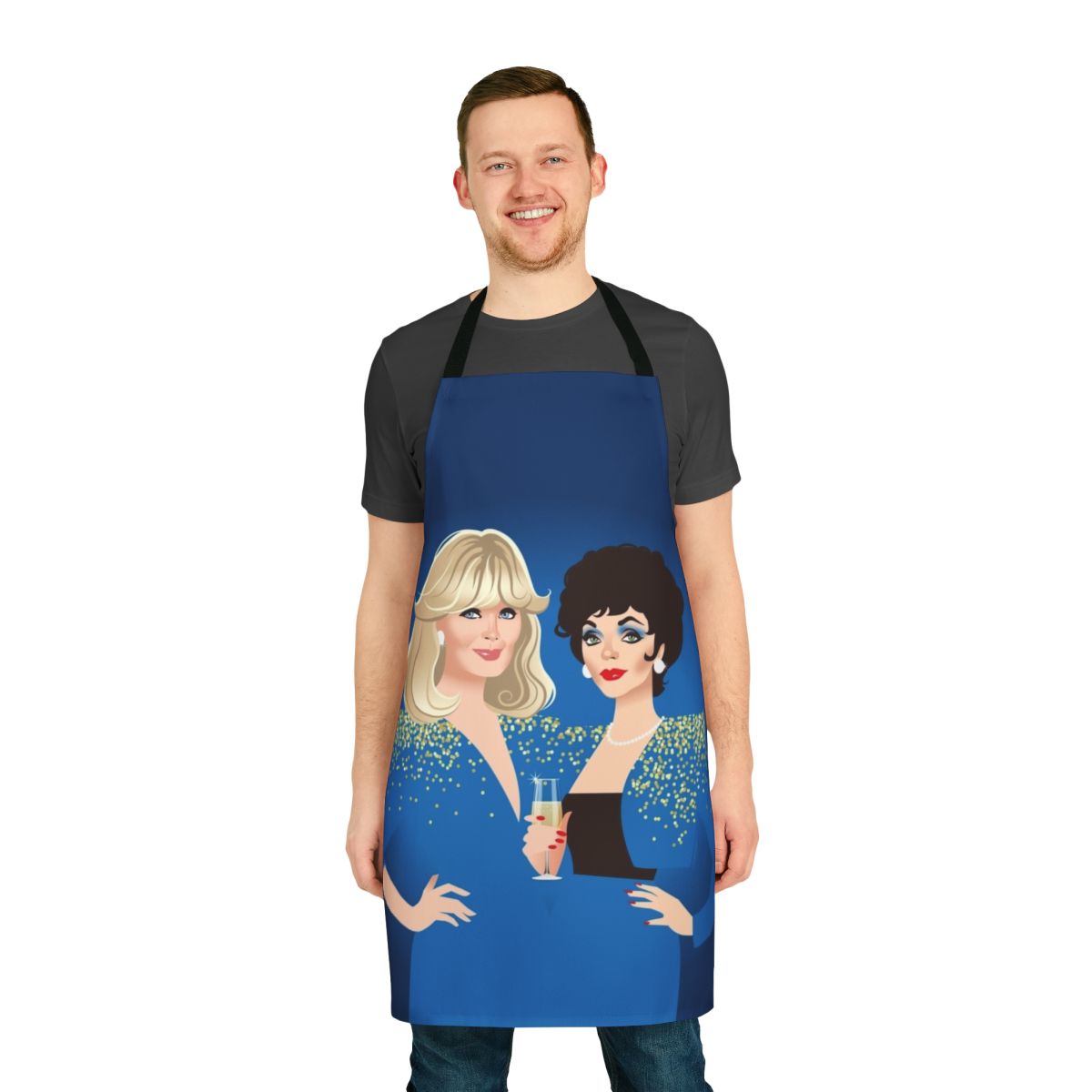 Retro TV inspired apron with illustrations of characters from the classic TV series Dynasty