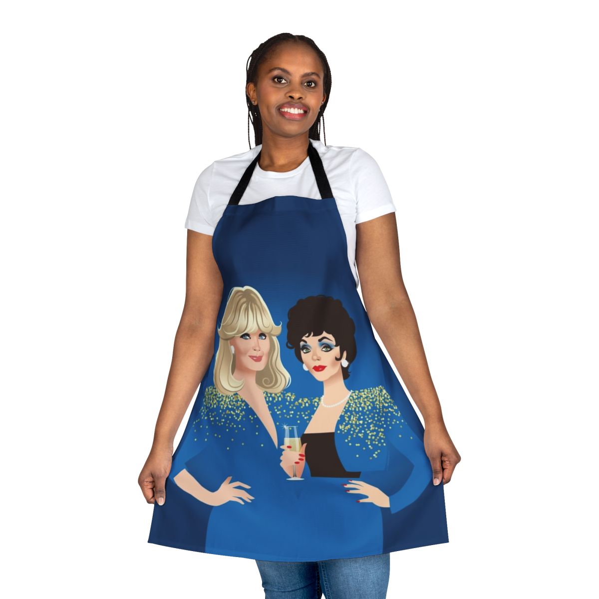 Retro TV inspired apron with illustrations of characters from the classic TV series Dynasty