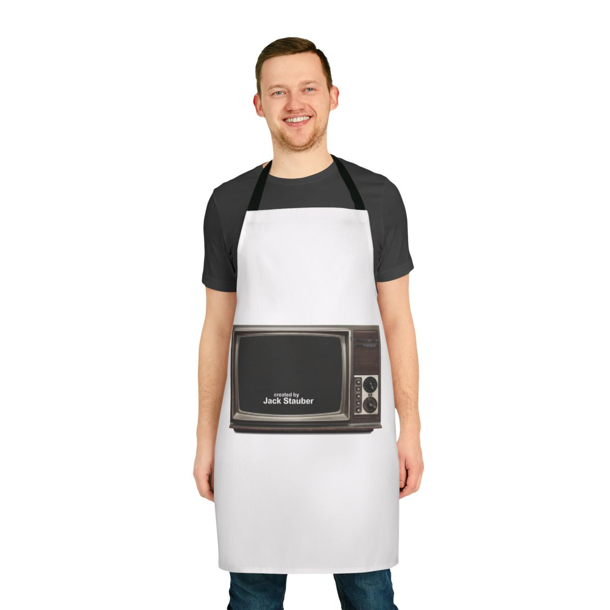 Retro TV inspired apron design, featuring a vintage television screen and the name "Jack Stauber"