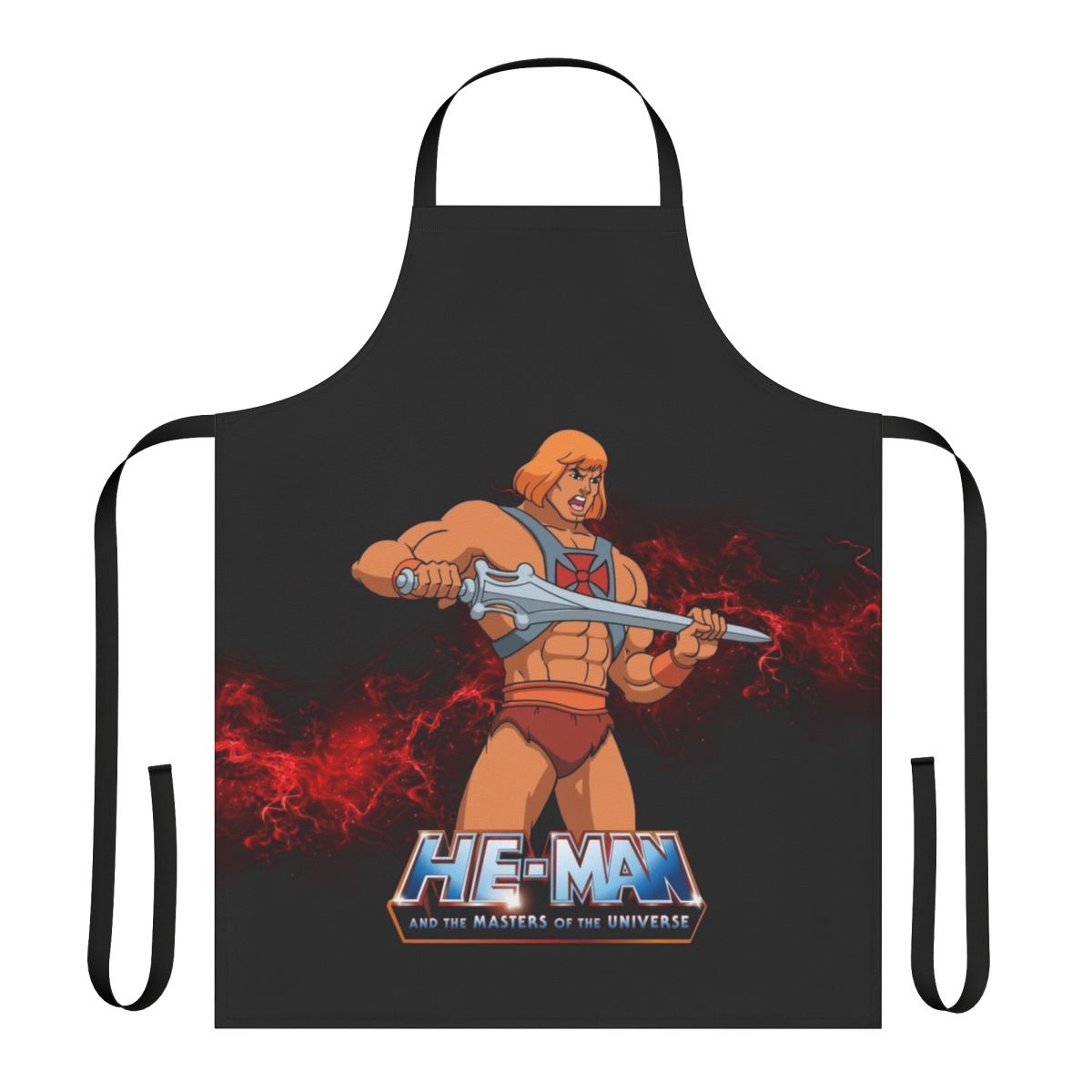 Vibrant retro-style apron featuring the iconic He-Man character from Masters of the Universe